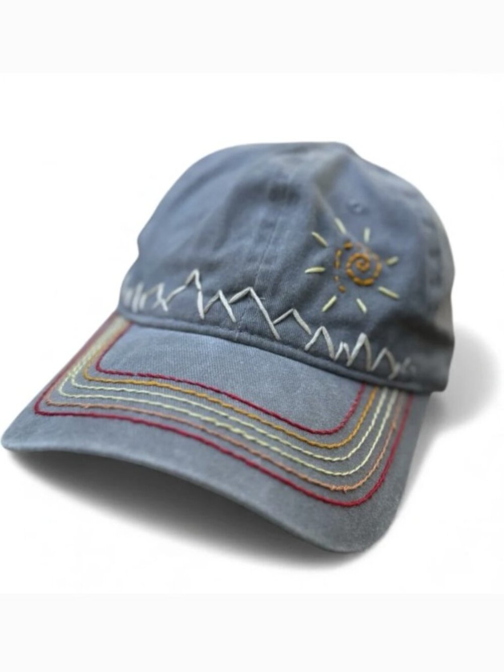 Boho Embroidered Strapback Cap Artsy artisan Nature Moiuntain Sun design